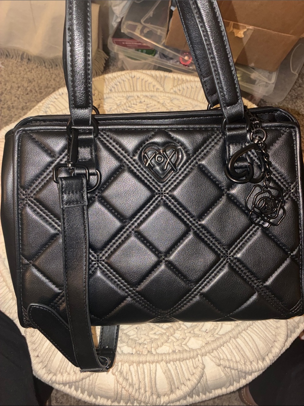 XOXO Black Quilted Satchel with Charm